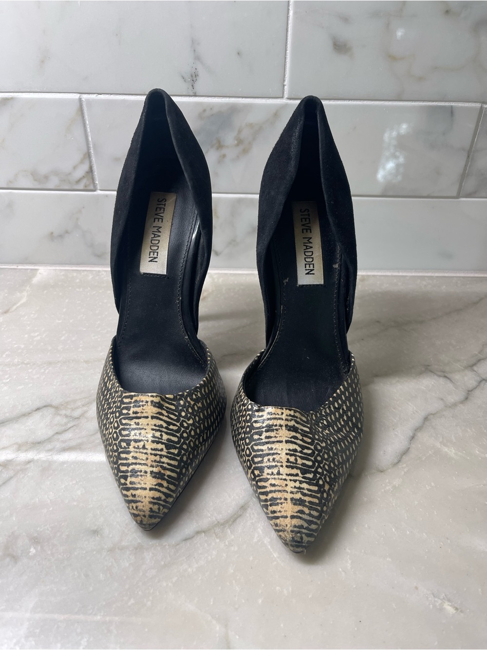 Steve Madden Black and Beige Snakeskin-Pattern D’Orsay Pumps